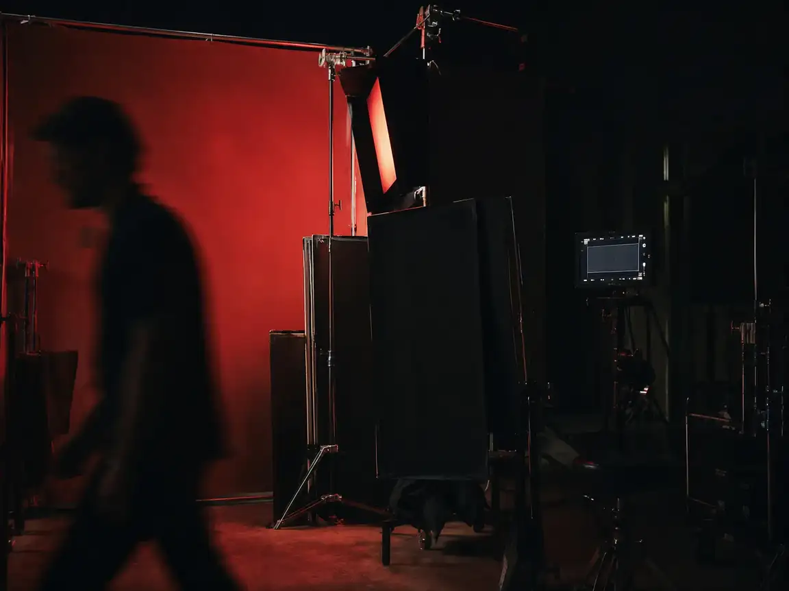 A red studio backdrop being prepared for a campaign shoot