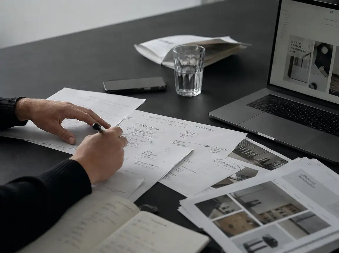 Campaign notes, sketches and printouts on the table