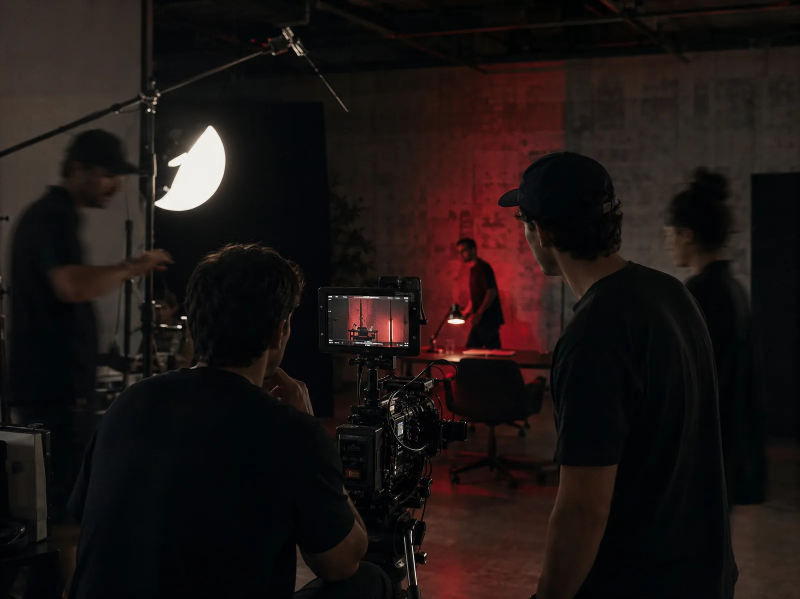 A campaign film set mid-take, director and crew at the monitor