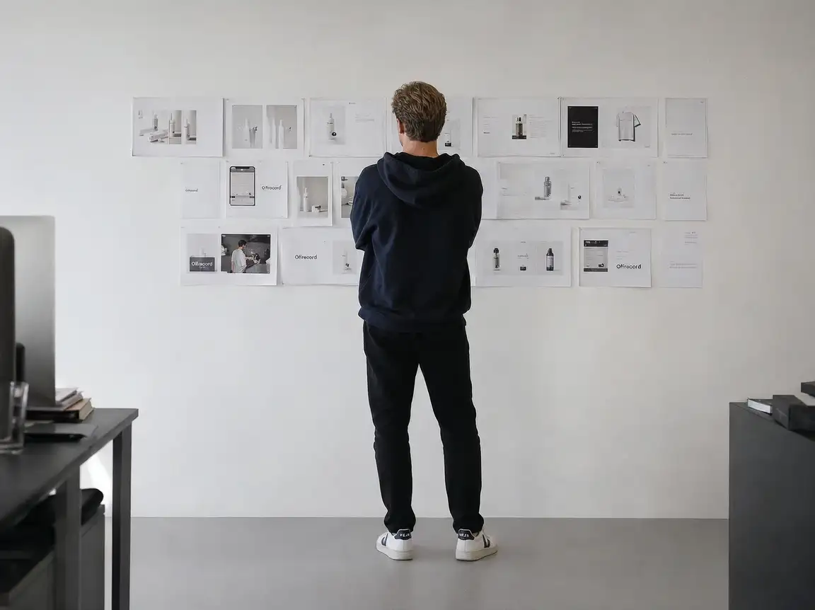 A strategist reviewing a wall of campaign frames